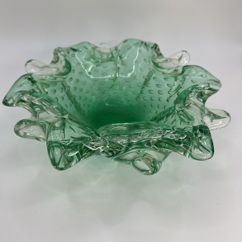 Murano Style Green Bullicante Art Glass Bowl 8.5" Ruffled Edge Controlled Bubble